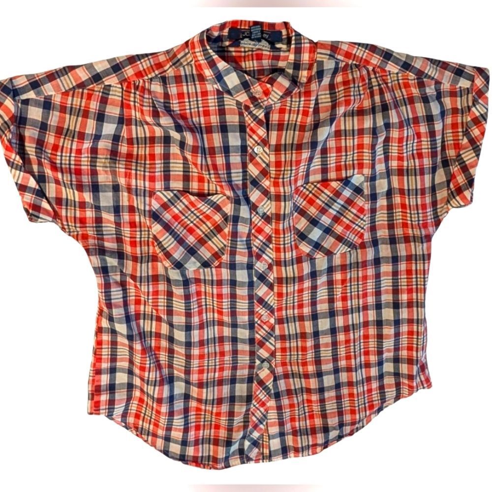 Vintage JCPenney Women's Red Blue Plaid Button Up Short Sleeve Shirt Top…